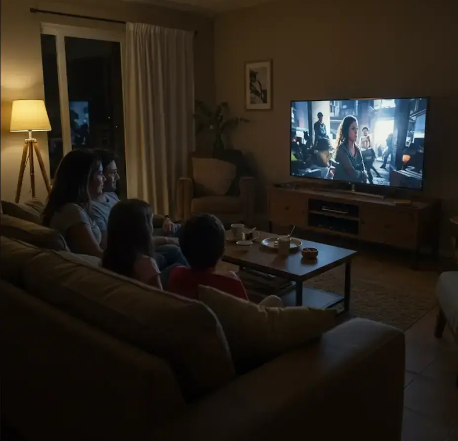 Família a assistir a filmes e desportos em Full HD através do serviço de IPTV Portugal numa Smart TV.